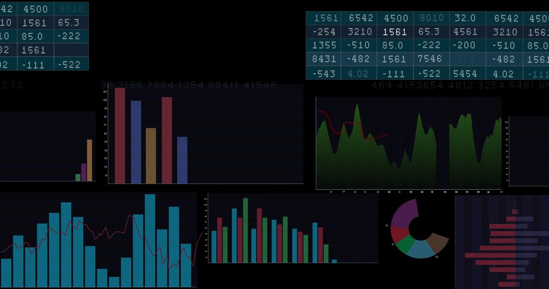 Abstract Financial Data Charts and Graphs on Black Background
