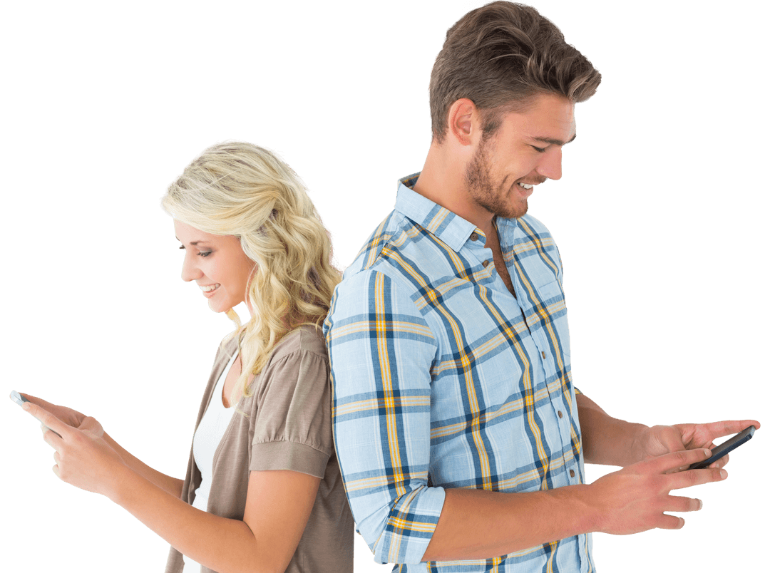 Transparent Young Couple Using Smartphones Interactively