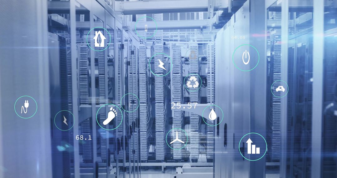 Digital data processing with eco icons over computer servers