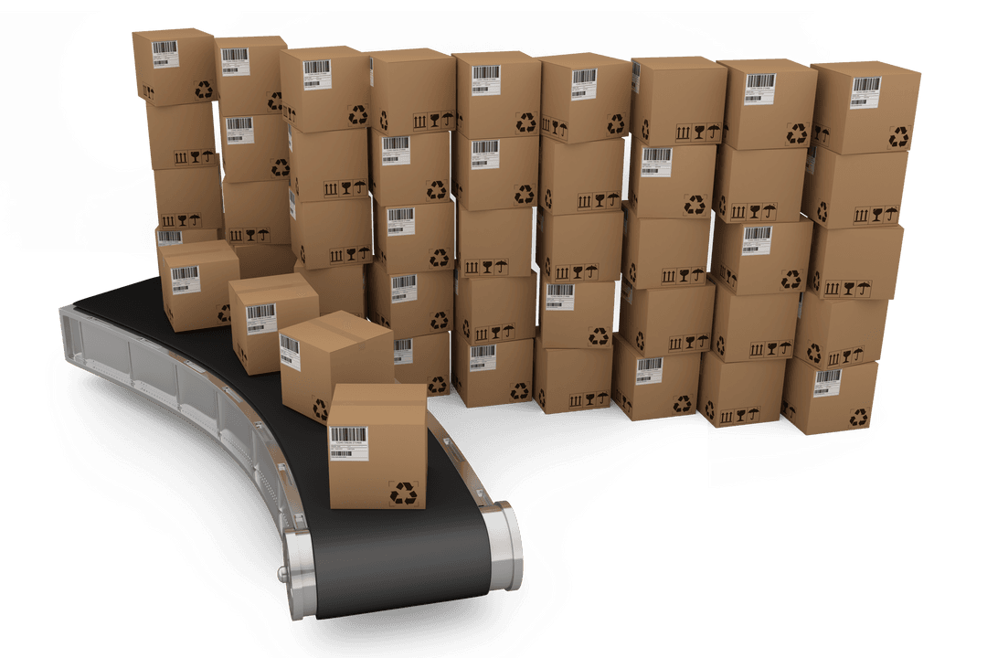 Transparent 3D Conveyor Belt with Cardboard Boxes Stack