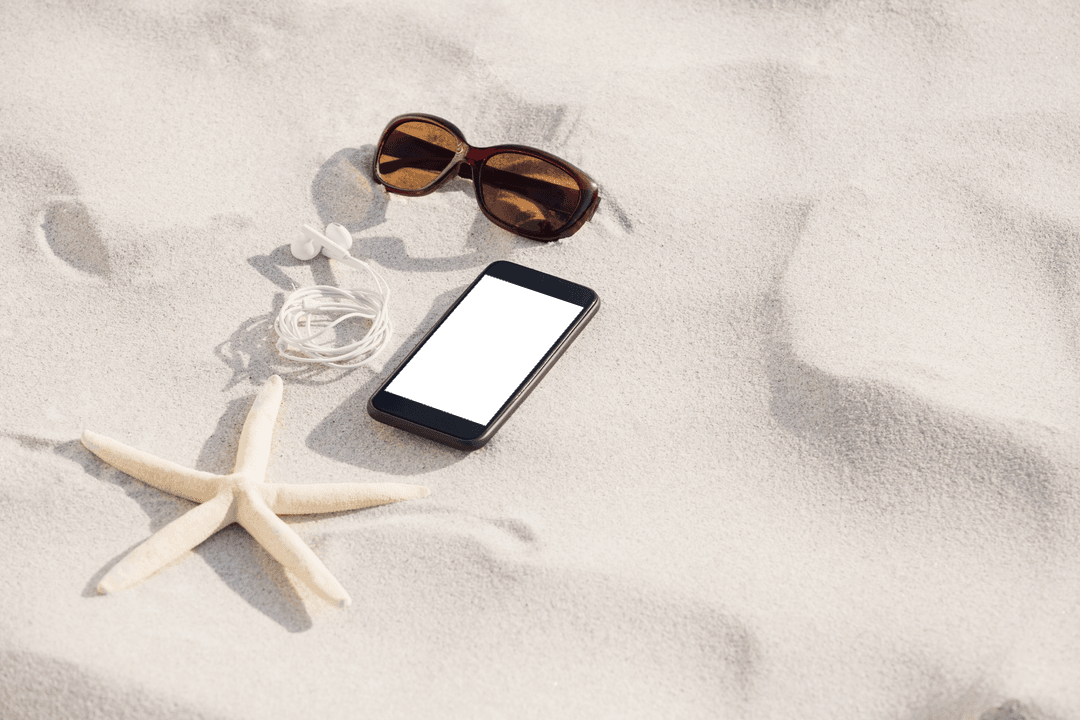 Transparent Beach Scene with Smartphone in Sand