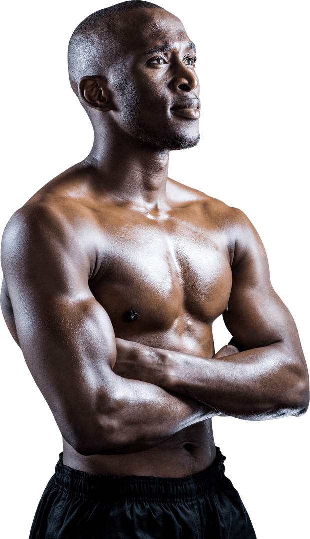 Transparent Shirtless Athlete with Crossed Arms gazing Confidently