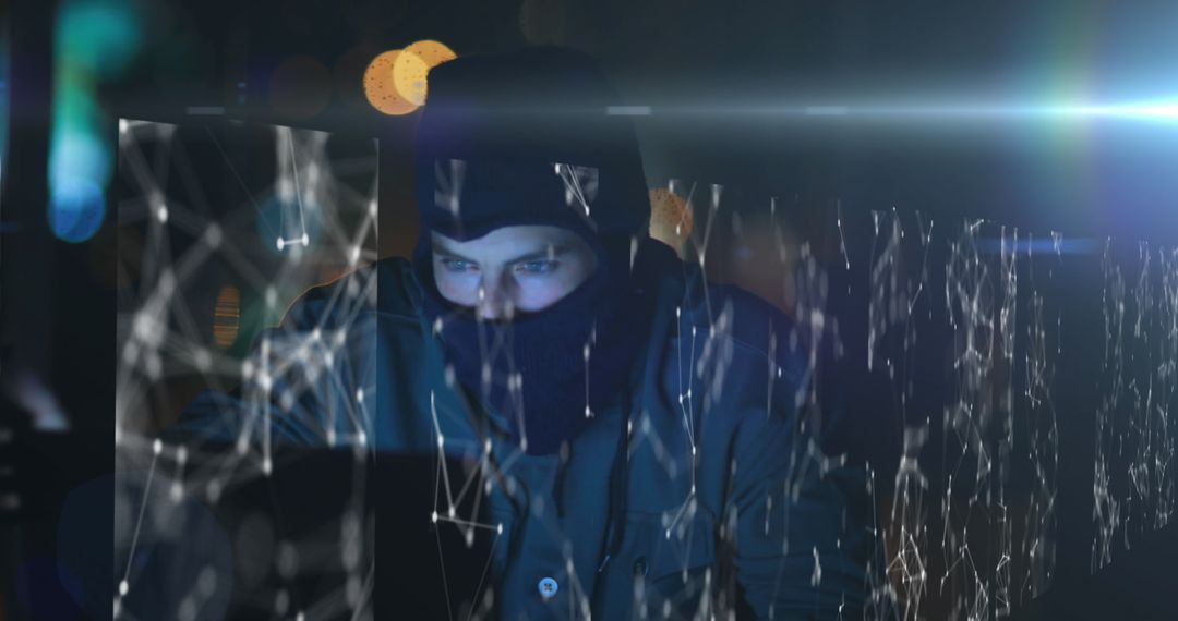 Cybersecurity Hacker in Dark Room with Digital Network Overlay