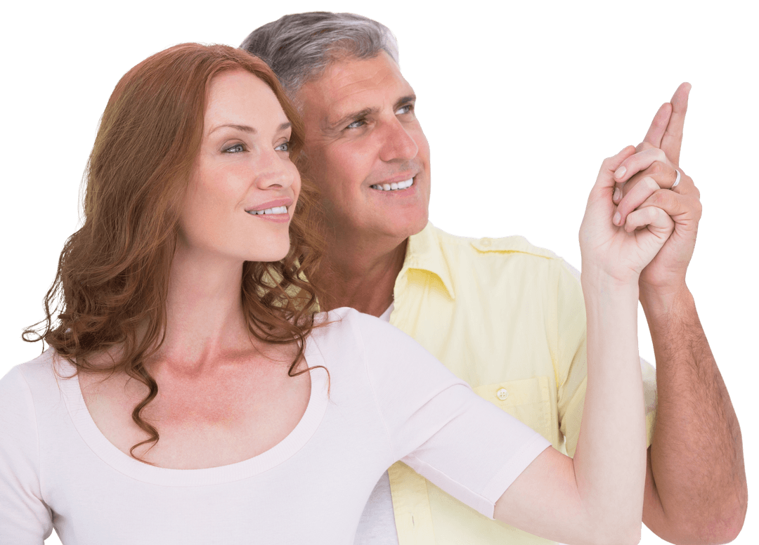 Transparent Casual Couple Pointing and Smiling Upward
