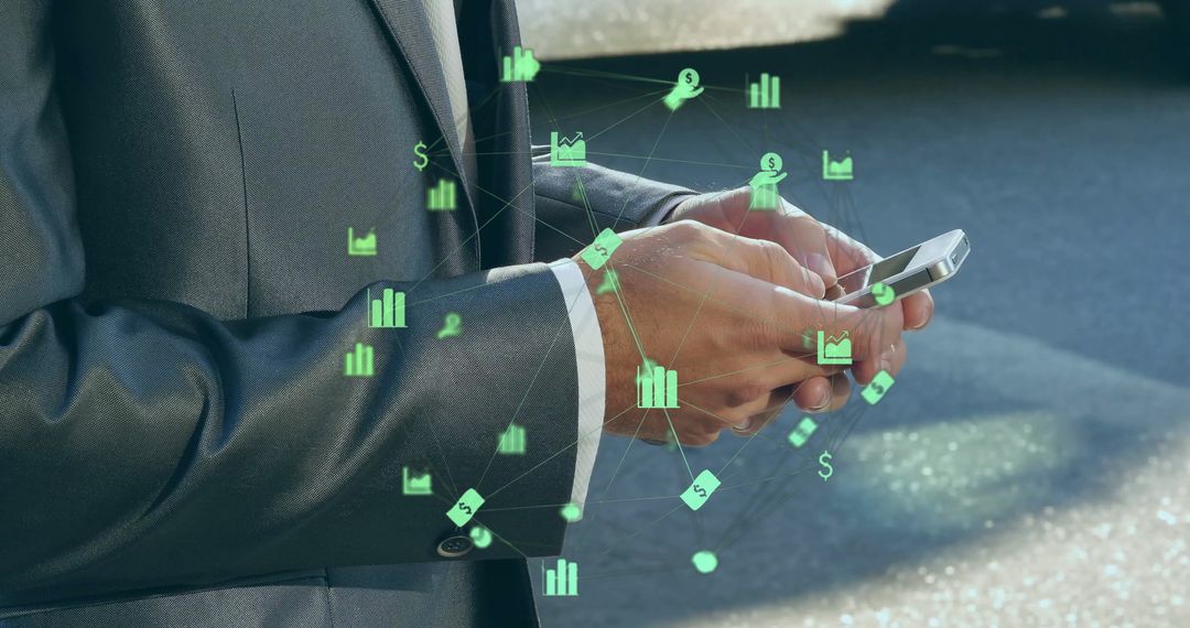 Businessman Using Smartphone with Digital and Data Icons