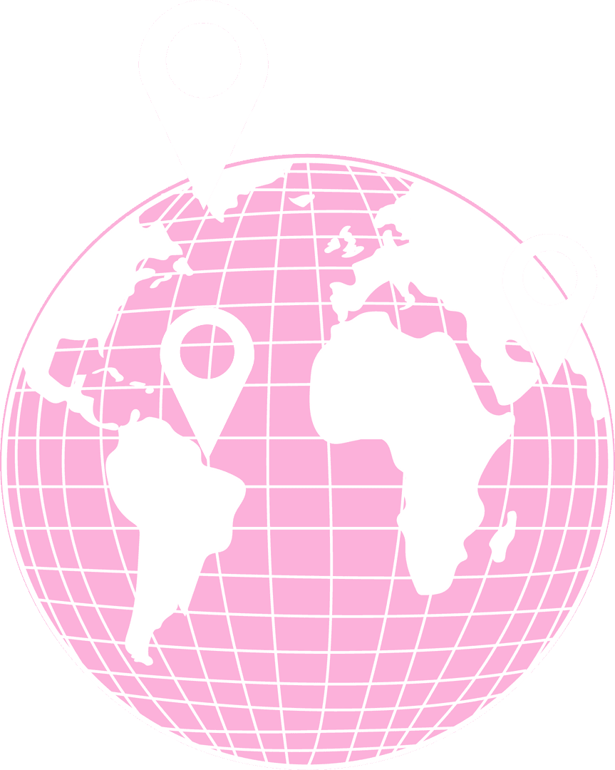Pink Globe Icon with Location Pins on Transparent Background