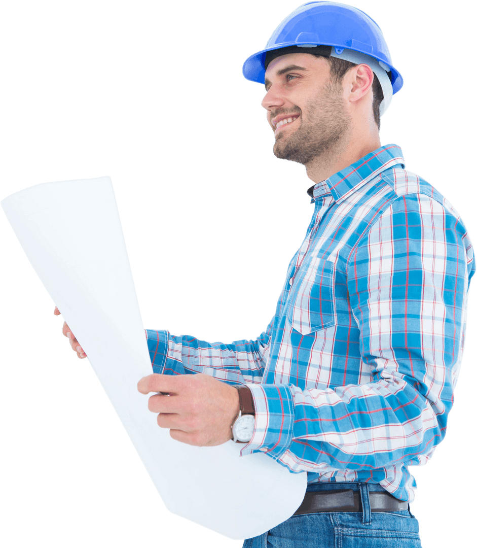 Transparent Smiling Engineer in Blue Hard Hat Holding Blueprint - Download Free Stock Images Pikwizard.com