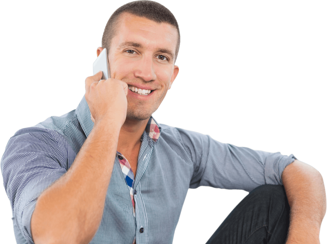 Smiling Man Talking on Phone with Transparent Background