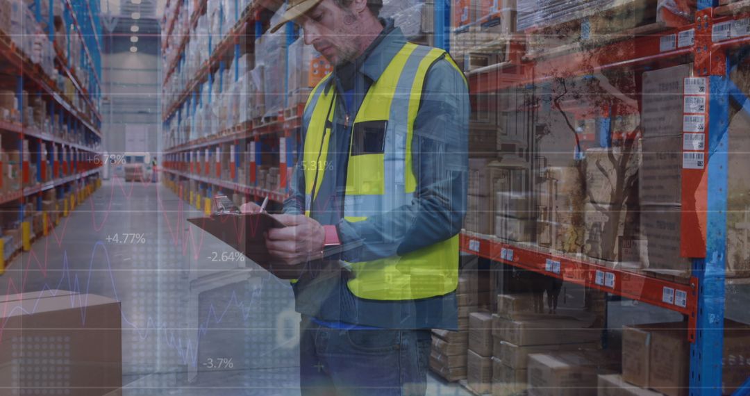 Warehouse Worker Analyzing Financial Data in Stock Storage