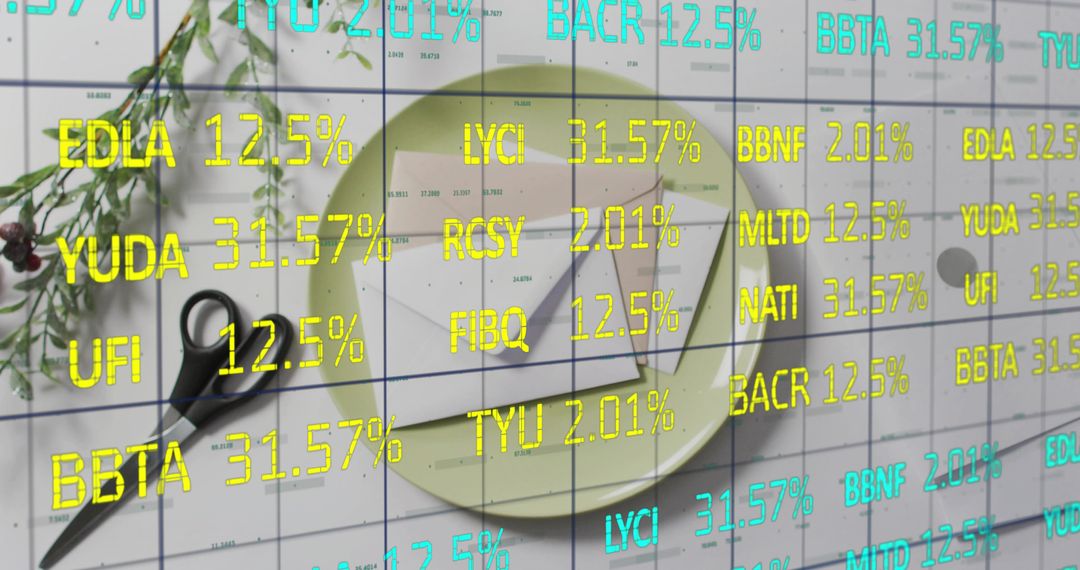 Mint plate holding envelope and scissors with financial HUD percentages over grid background
