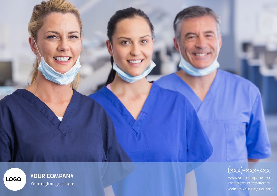 Smiling Healthcare Professionals in Blue Scrubs with Surgical Masks