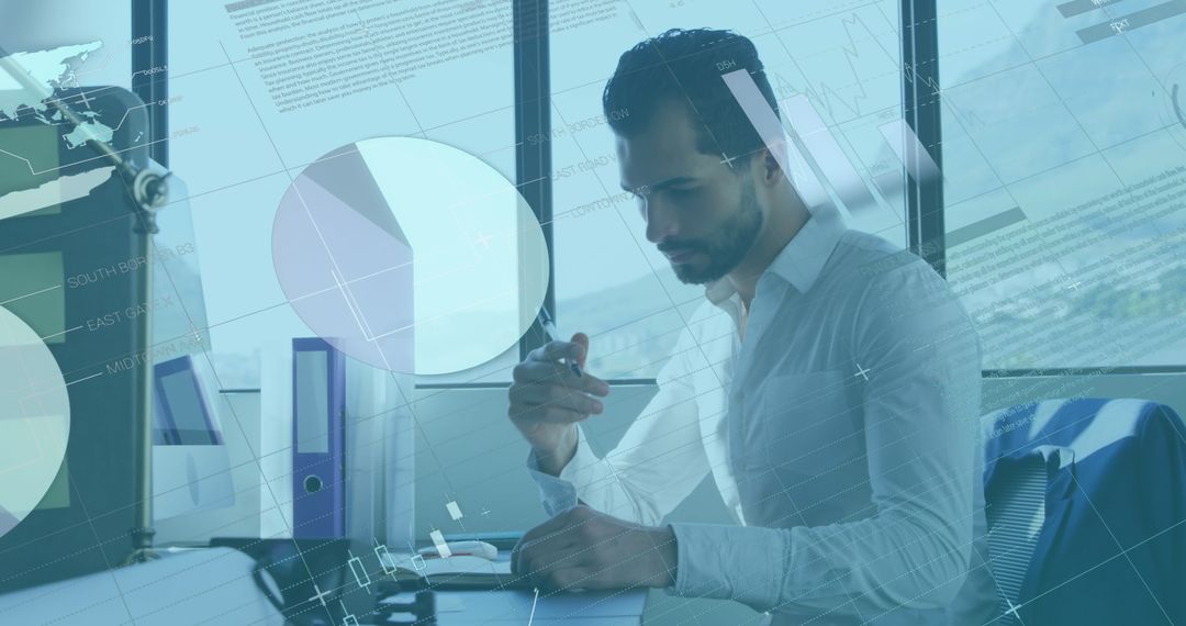 Businessman Analyzing Financial Data with Virtual Infographic Overlay