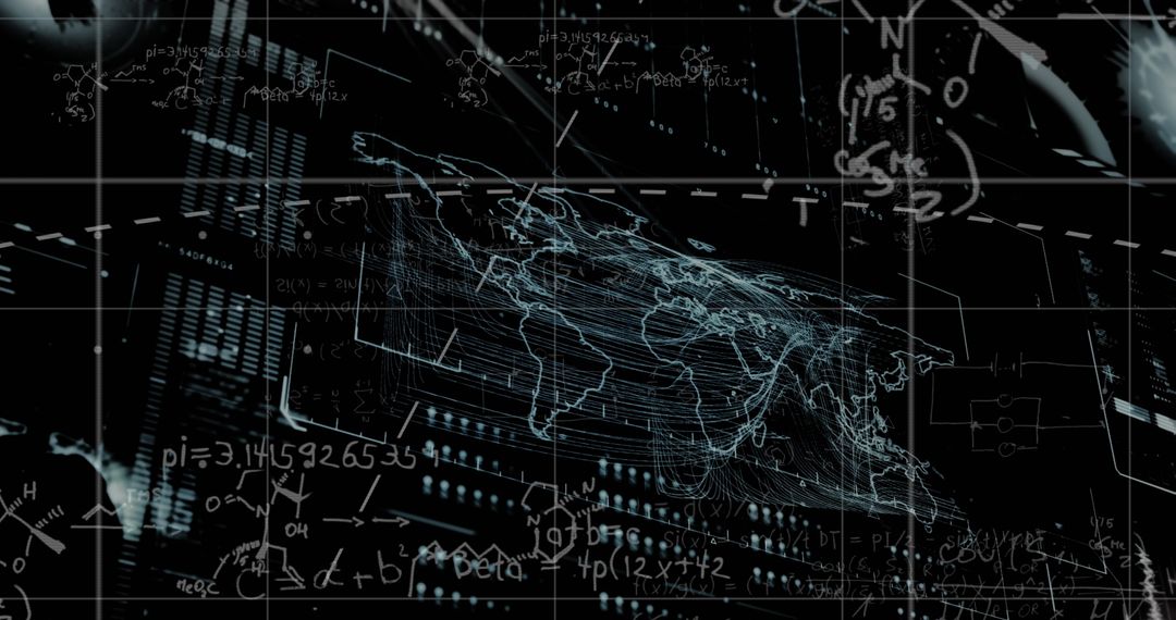 Abstract World Map with Mathematical Equations and Data Interface