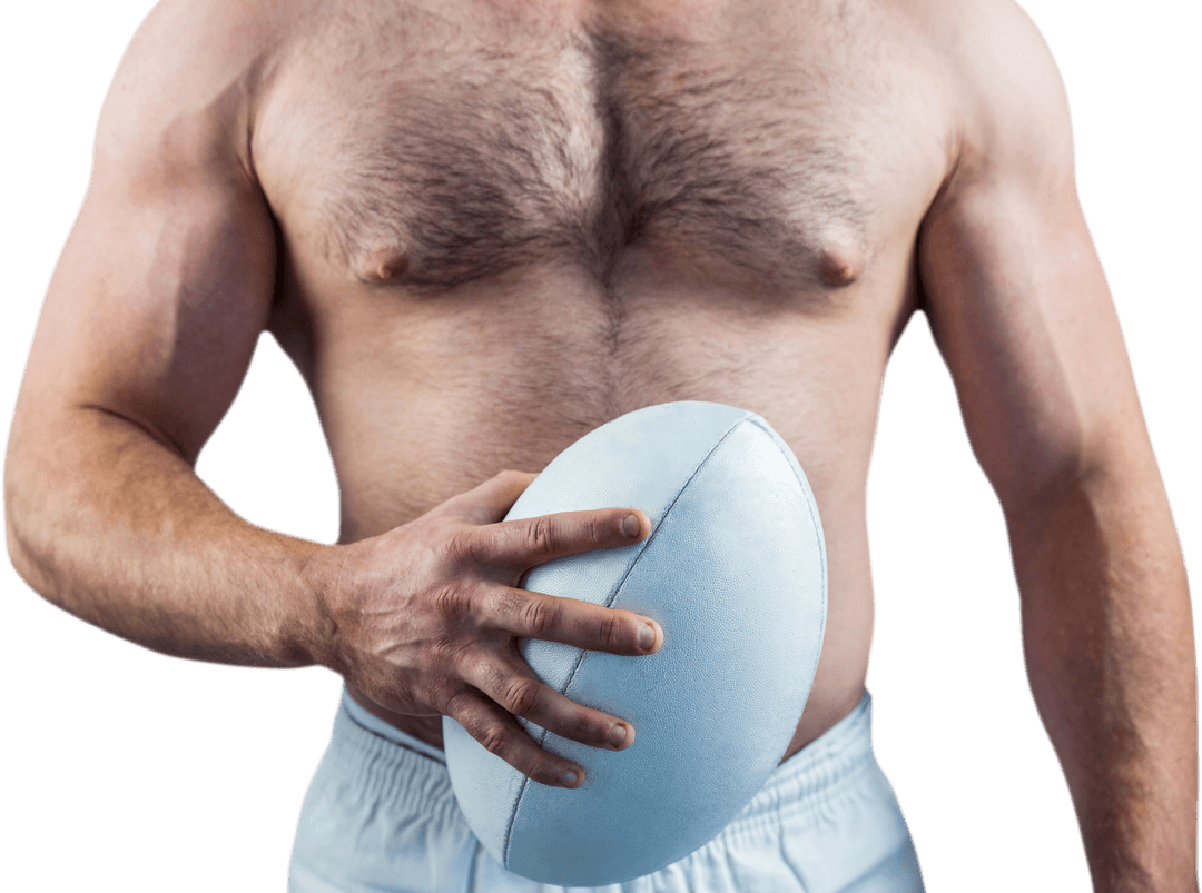 Transparent View Rugby Player Holding Ball in Athletic Pose