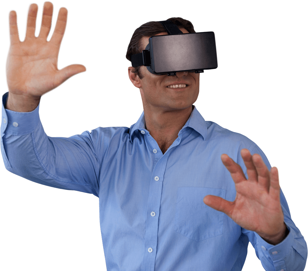 Businessman Interacting with Virtual World Using Transparent VR Set