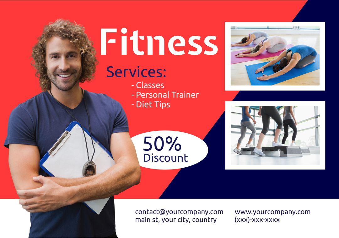 Wellness Programs Promotion Featuring Fitness Instructor and Exercising Clients