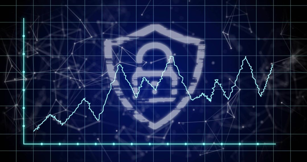 Neon Cybersecurity Shield with Padlock Overlaying Jagged Data Graph on Futuristic Grid