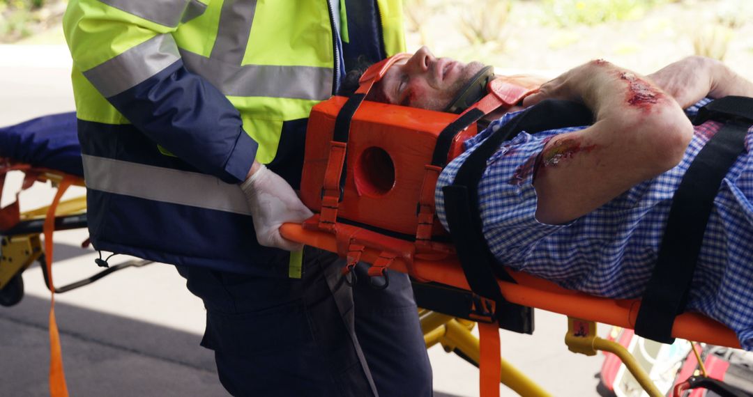 Paramedic Providing Urgent Care to Injured Man on Stretcher - Free Images, Stock Photos and Pictures on Pikwizard.com