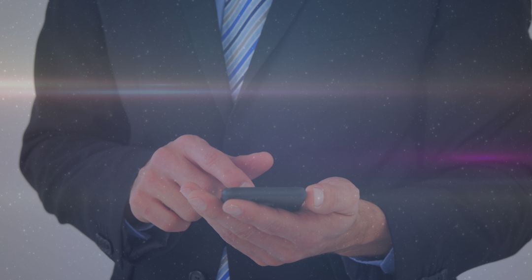 Businessman Using Smartphone with Technology Light Trails