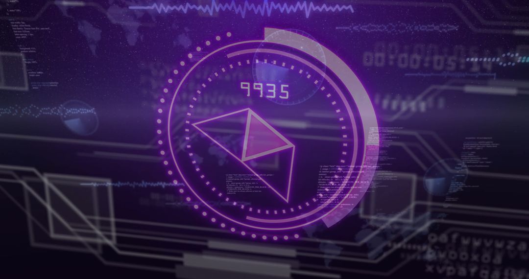 Futuristic digital interface with data processing diagrams