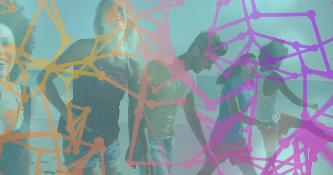 Friends on Beach with Colorful Abstract Network Graphics