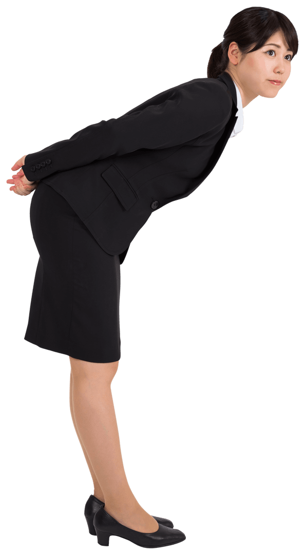 Transparent Businesswoman Bending in Formal Attire Side View