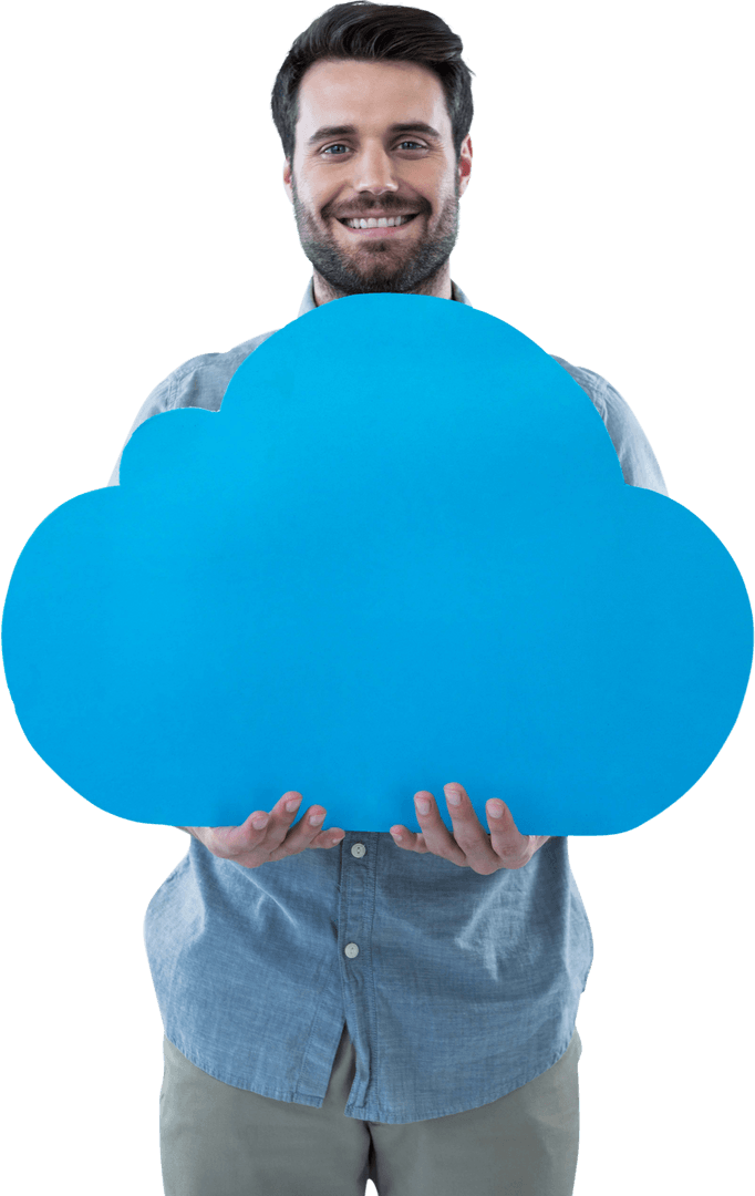 Smiling Man Holding Blue Cloud Cut Out on Transparent Background
