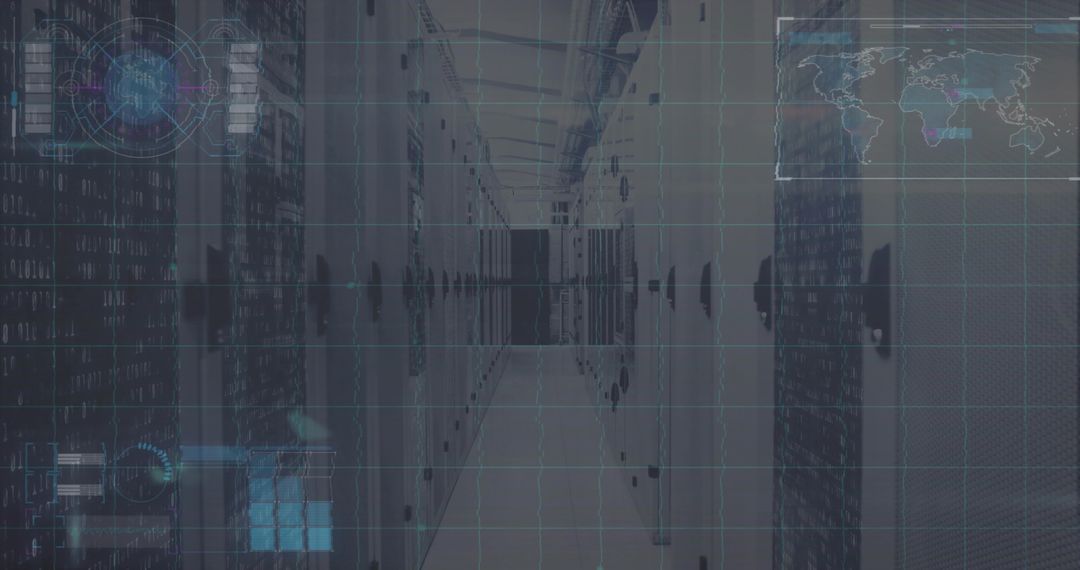 Futuristic Data Center Corridor Showing Server Racks with Holographic Grid and HUD Overlay