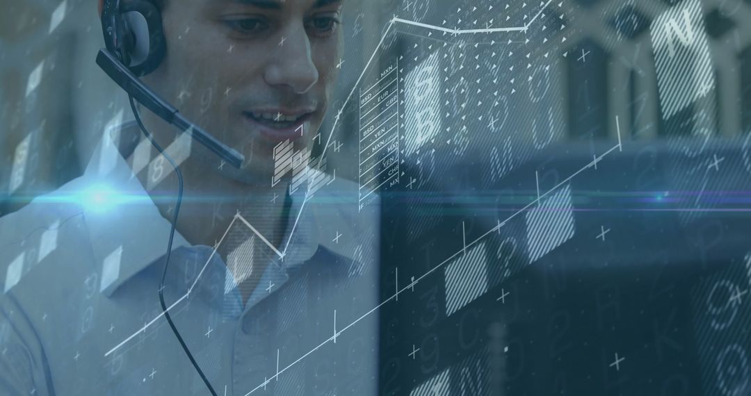 Businessman in Headset Analyzing Financial Data Digitally