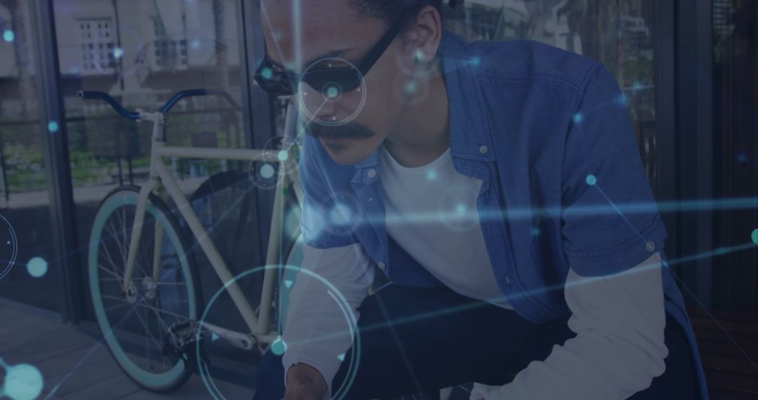 Tech-Savvy Man Using Smartphone with Digital Network Overlay