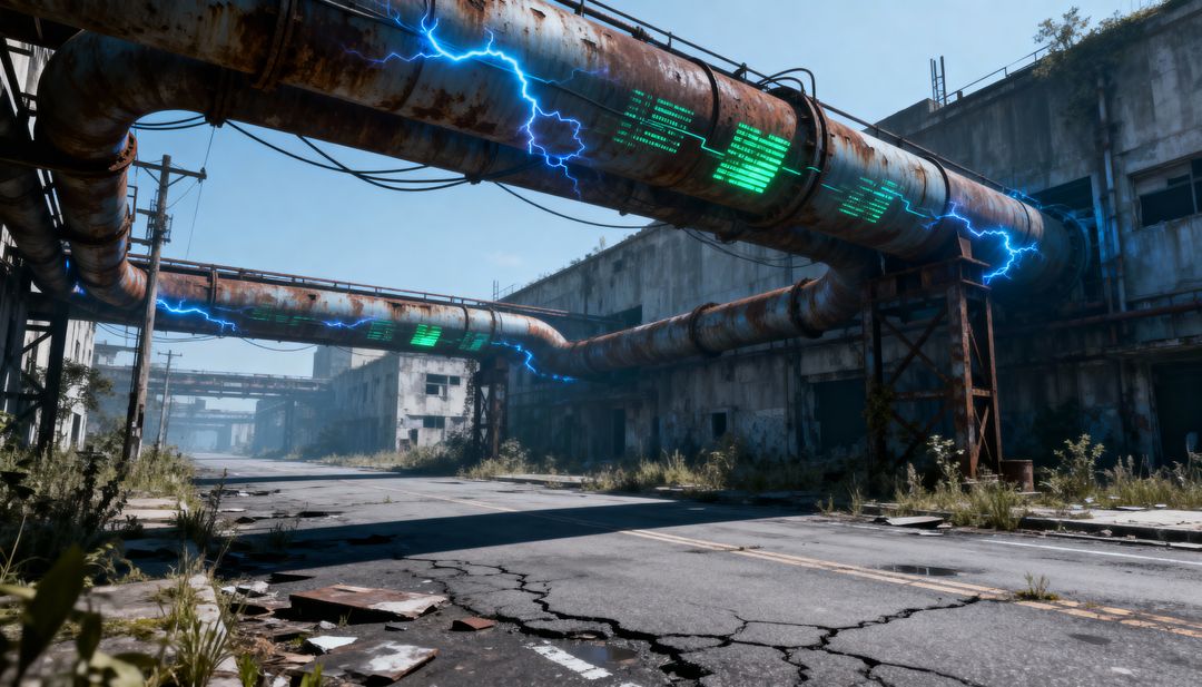 Abandoned industrial pipeline with glowing interface and electric arcs in derelict plant