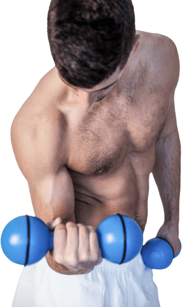 Shirtless Man Lifting Blue Dumbbells with Transparent Background