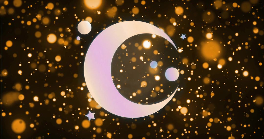 Lavender Crescent Moon Floating Among Golden Bokeh Lights, Dreamy Celestial Minimalist