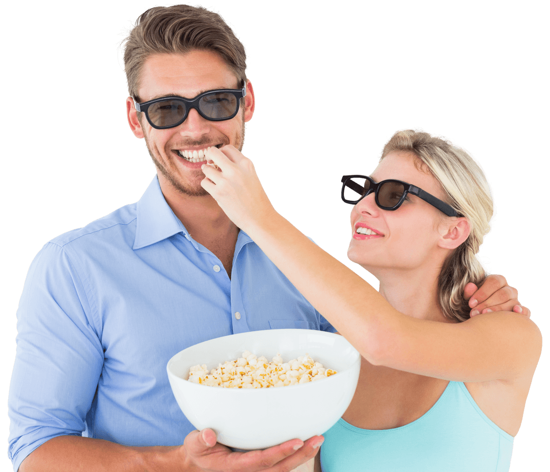 Transparent Couple Enjoying Popcorn with 3D Glasses