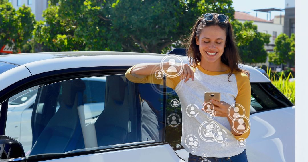 Woman with Smartphone by Electric Car Engaging in Social Networking