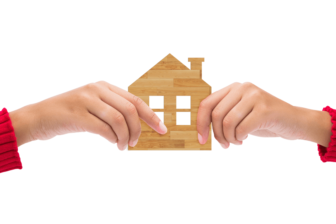 Transparent Hands Holding Wooden House Template Symbol