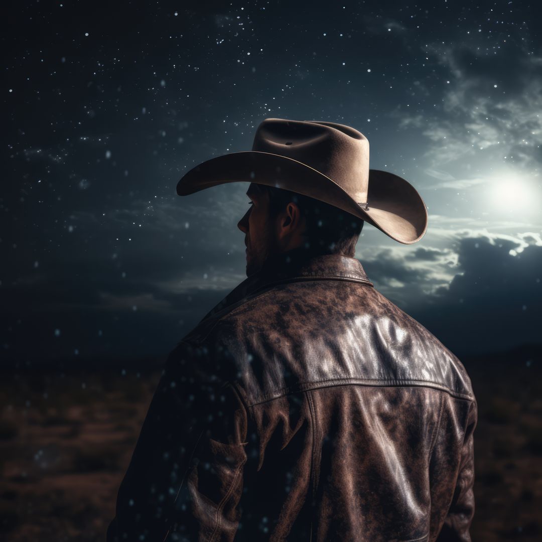 Cowboy Stands in Starry Night Desert Under Mystical Moonlight - Free Images, Stock Photos and Pictures on Pikwizard.com