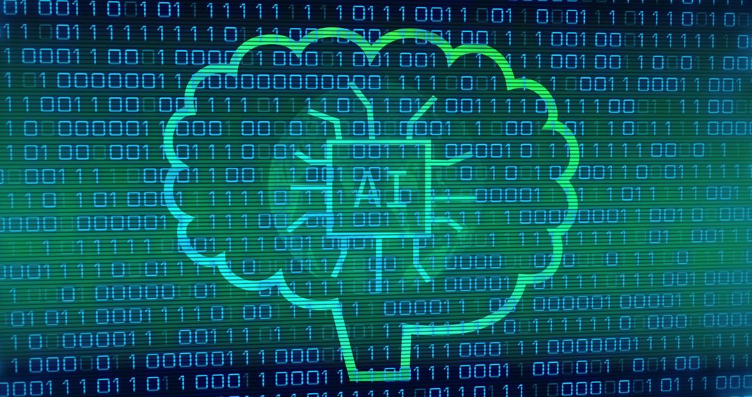 Digital brain with ai insignia amid binary code matrix