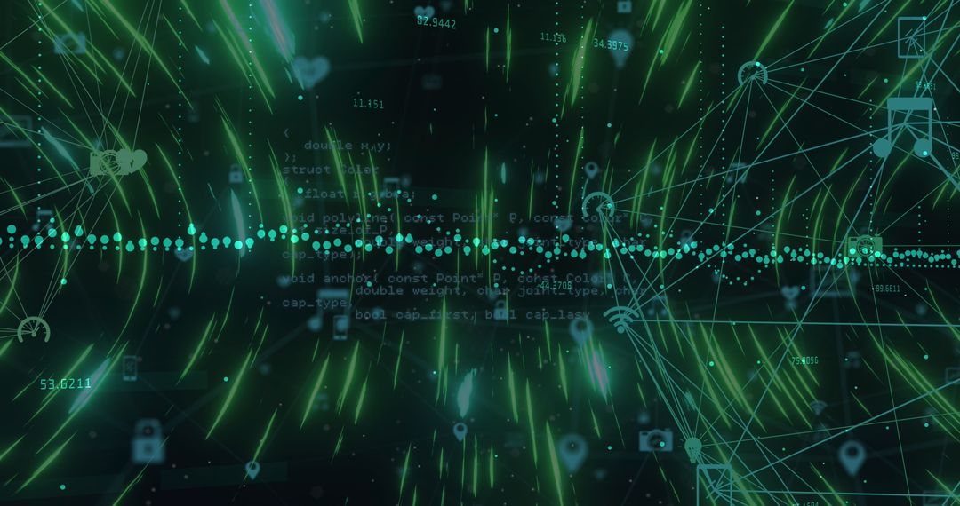 Abstract digital data network with icons and light trails