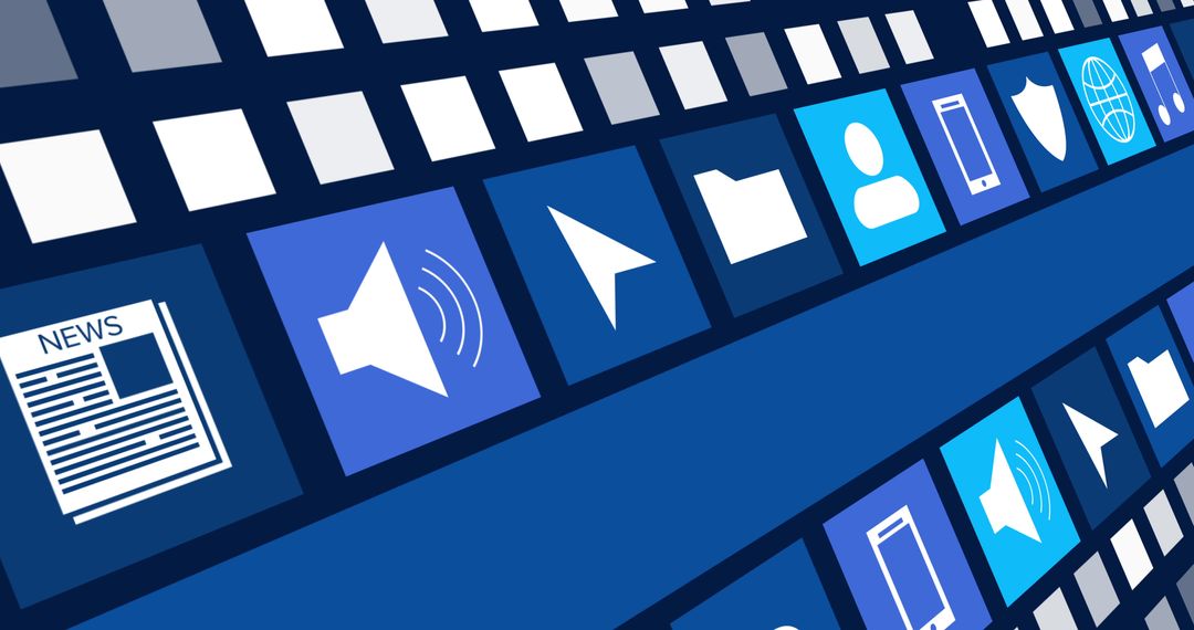 Digital Online Icons on Blue Background with Moving Stripe Effect