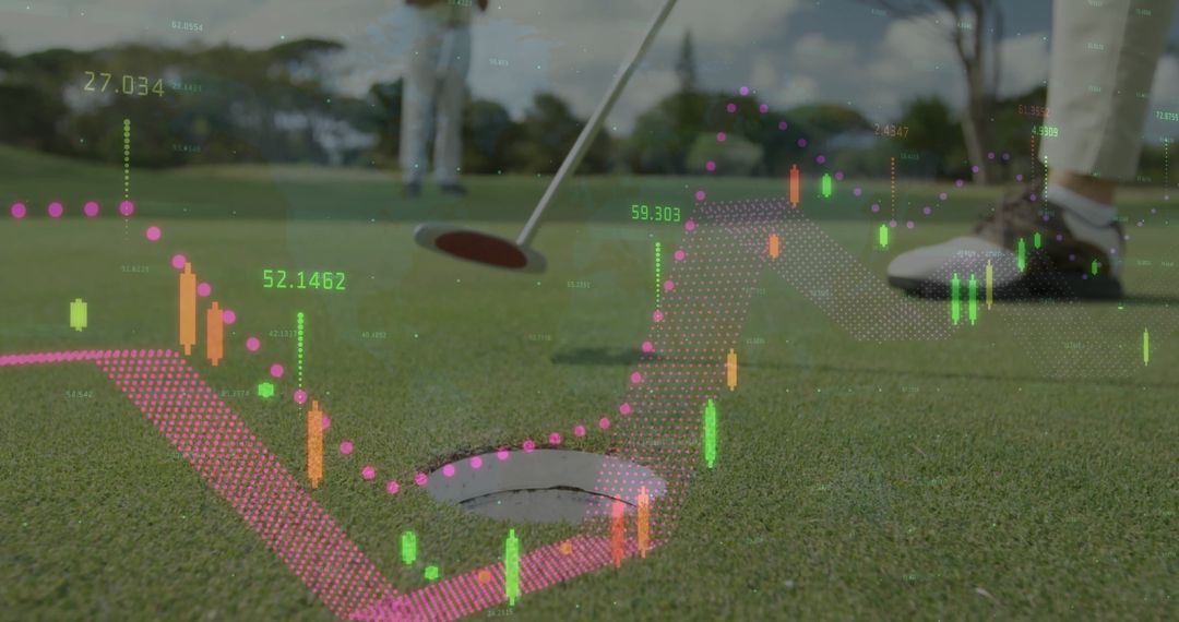 Golfer Putting on Green With Financial Data Overlay