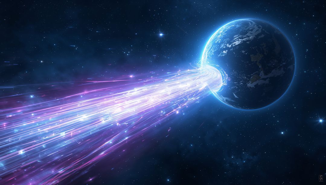 Mystical Portal on Blue Planet with Energy Stream in Cosmos