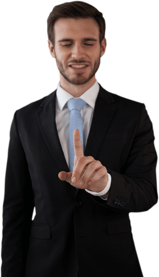 Transparent Interface Interaction with Smiling Businessman