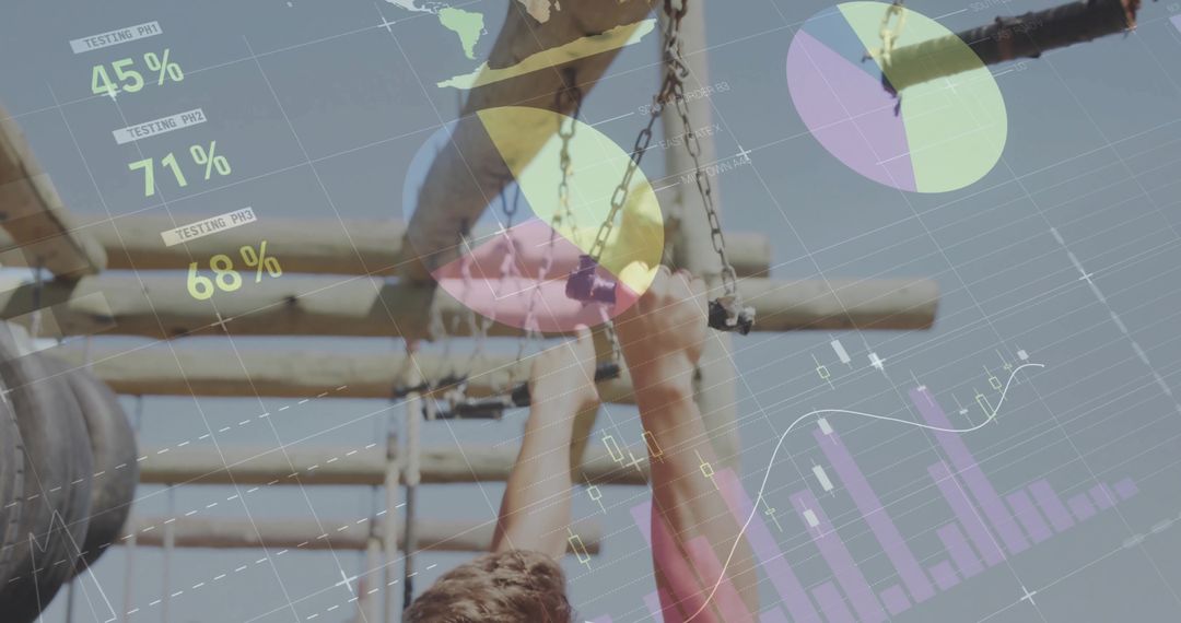 Athlete Reaching for Goals in Fitness Park Overlayed with Performance Metrics