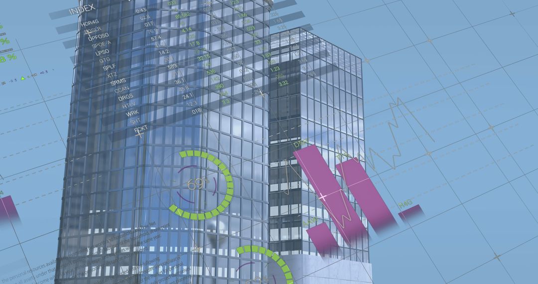 Futuristic Digital Data Overlay on Modern Skyscraper