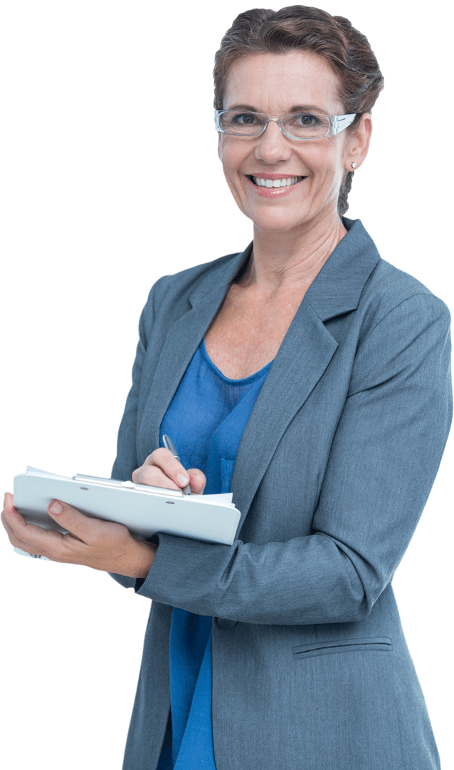 Professional Businesswoman Writing on Clipboard with Transparent Background
