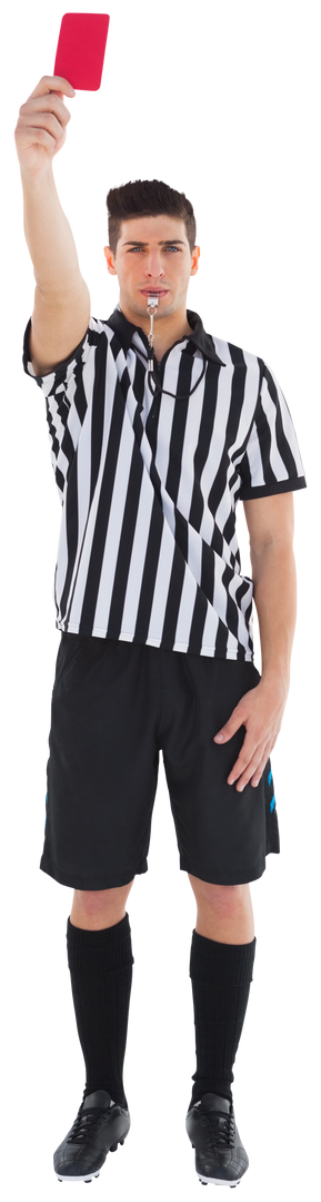 Transparent Referee Holding Red Card Blowing Whistle in Striped Black and White Uniform - Download Free Stock Images Pikwizard.com