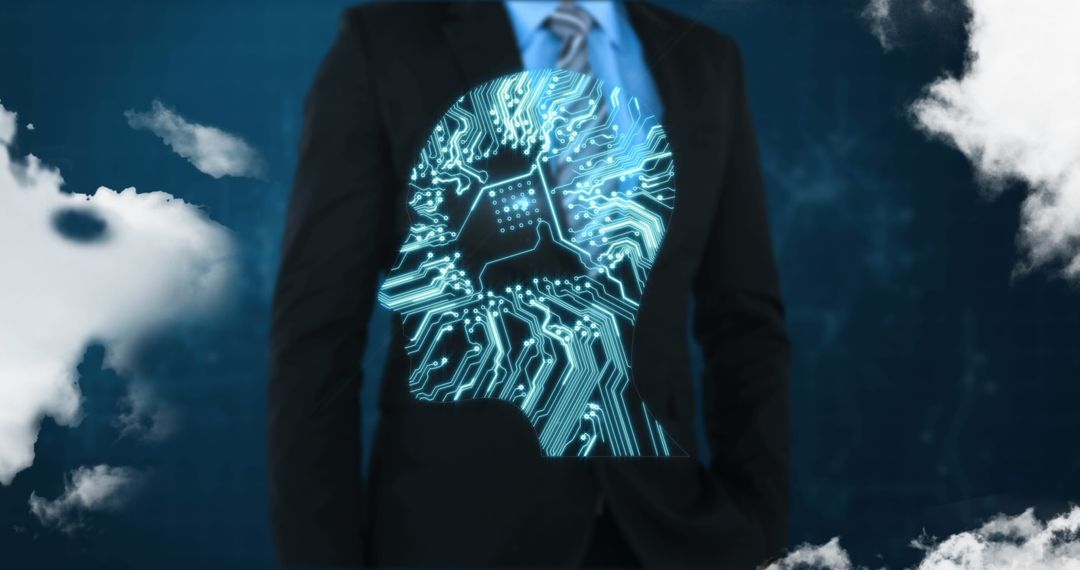 Businessman with Digital Brain Overlay Symbolizes Futuristic Innovation