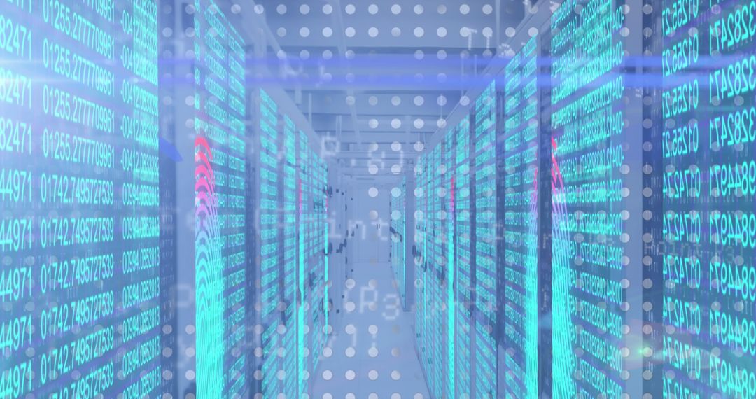 Futuristic Data Center Corridor with Digital Overlay