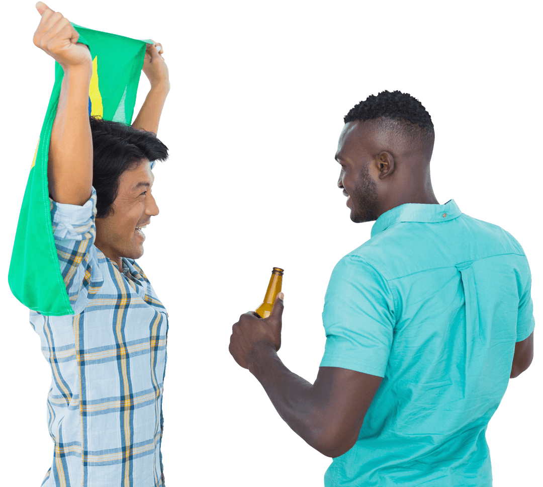 Diverse Football Fans Celebrating with Beers and National Flag on Transparent Background